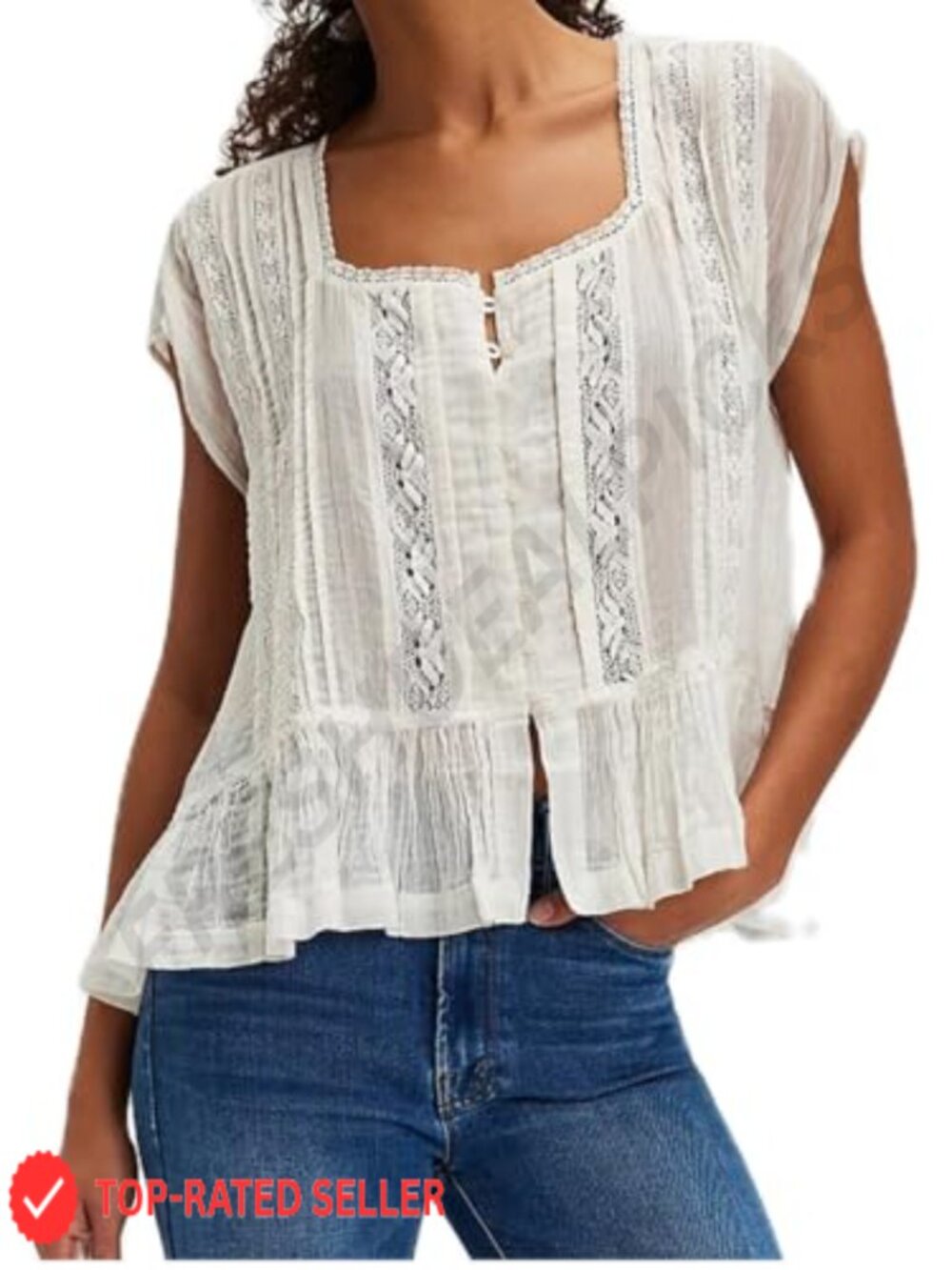 Womens Tie Front Ruffle Boho Top Sheer Lace Babydoll Blouse